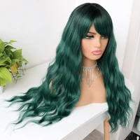 loose wave ombre green hair with black roots air bangs for girl synthetic wig heat resistant hair for daily cosplay party