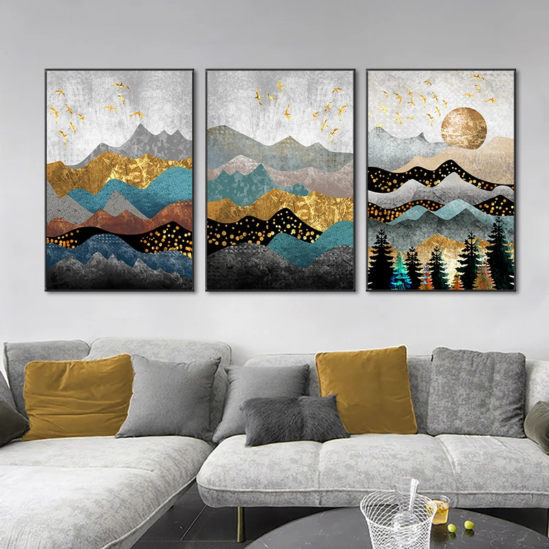 

Gold Mountains Sun Abstract Canvas ​Wall Posters Interior Painting Nordic Vintage Saesthetic Room Decoration Art New Store