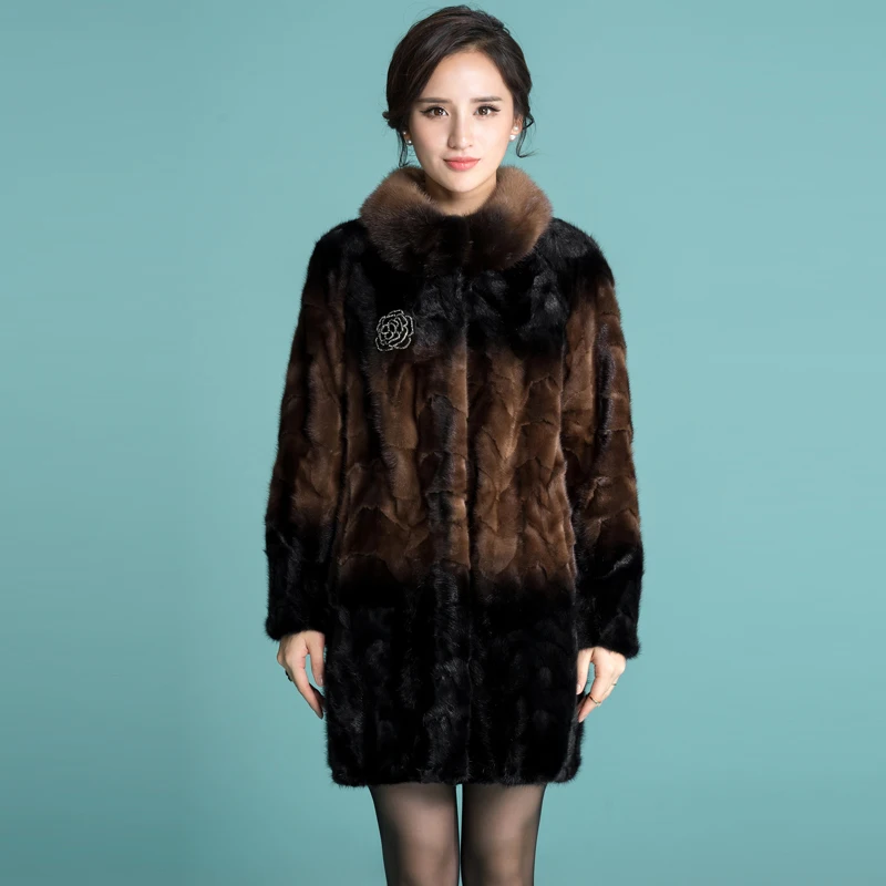 

Women Fashion New Stand Winter collar Thicken Warm Single-breasted High quality Female Pockets Big size Mink Fur Fur coat CY558