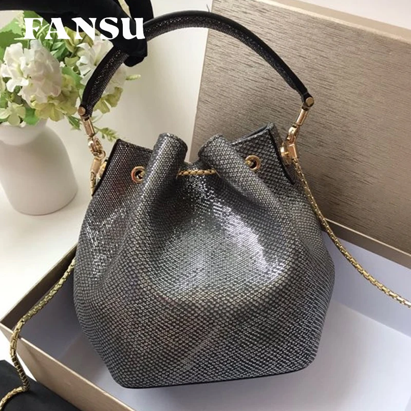 

FANSU New Leather For Women Shoulder Chain Bucket Bag Large Capacity Light Luxury High Sense Grain Crossbody bag