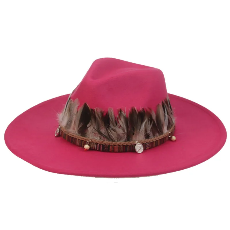 

fedora hats big brim 9.5cm solid green yellow band feather women hats western cowboy jazz outdoor casual men women winter hats