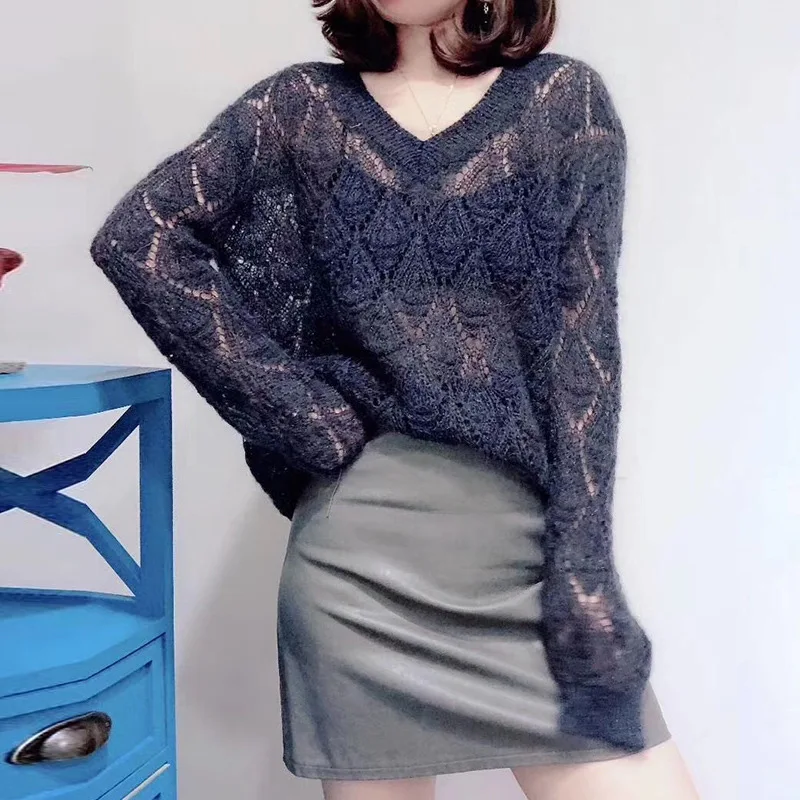 

Lugentolo V Neck Sweater Women Korean Fashion Loose Hollow Out Mohair Knitted Thin Sweater Streetwear Sweaters