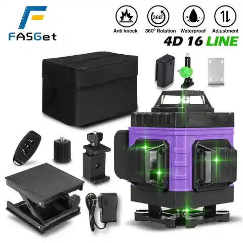 Лазерный уровень FASGet, 16 линий, 4D, самонивелирующийся, 360 градусов, горизонтальный и вертикальный крест, супермощный зеленый лазерный уровень