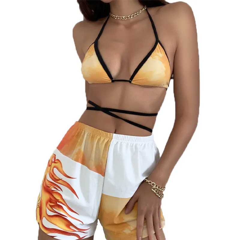 Купальник бикини с завышенной талией купальник принтом огня Женский треугольный