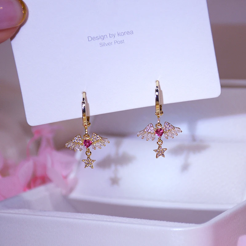 

Cute Charming 14k Real Gold Heart Wings Drop Earrings for Women S925 Silver Needle High Quality Jewelry AAA Zircon Party Gift