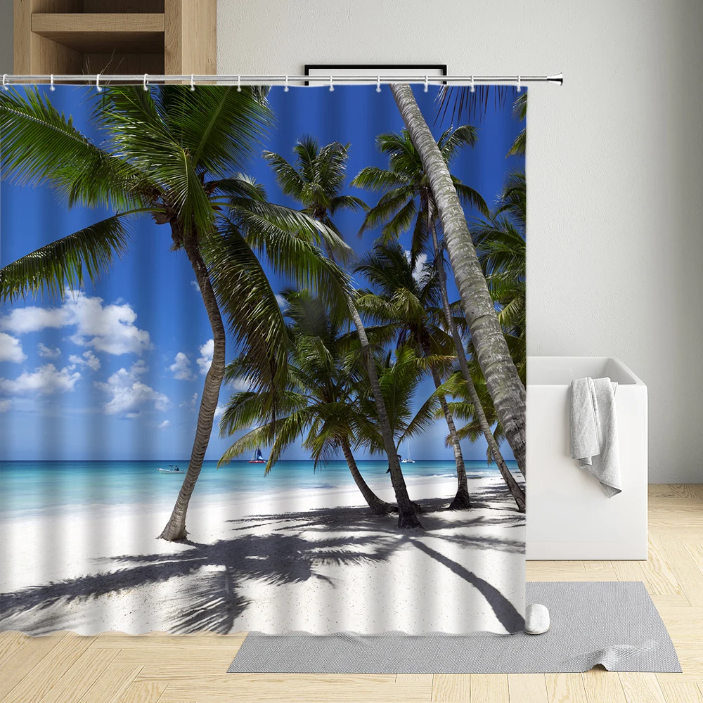 

Palm Tree Shower Curtain Blue Sky Sandy Beach Sea Hammock Maritime House Shark Coral Sailboat Cloth Bathroom Decor Bath Screen