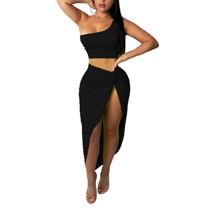 

2021 Summer Women's Dress Hot-Selling One-Word Collar Pleated Tie Vest Solid Color Sleeveless Stitching Sexy Split Irregular Sui