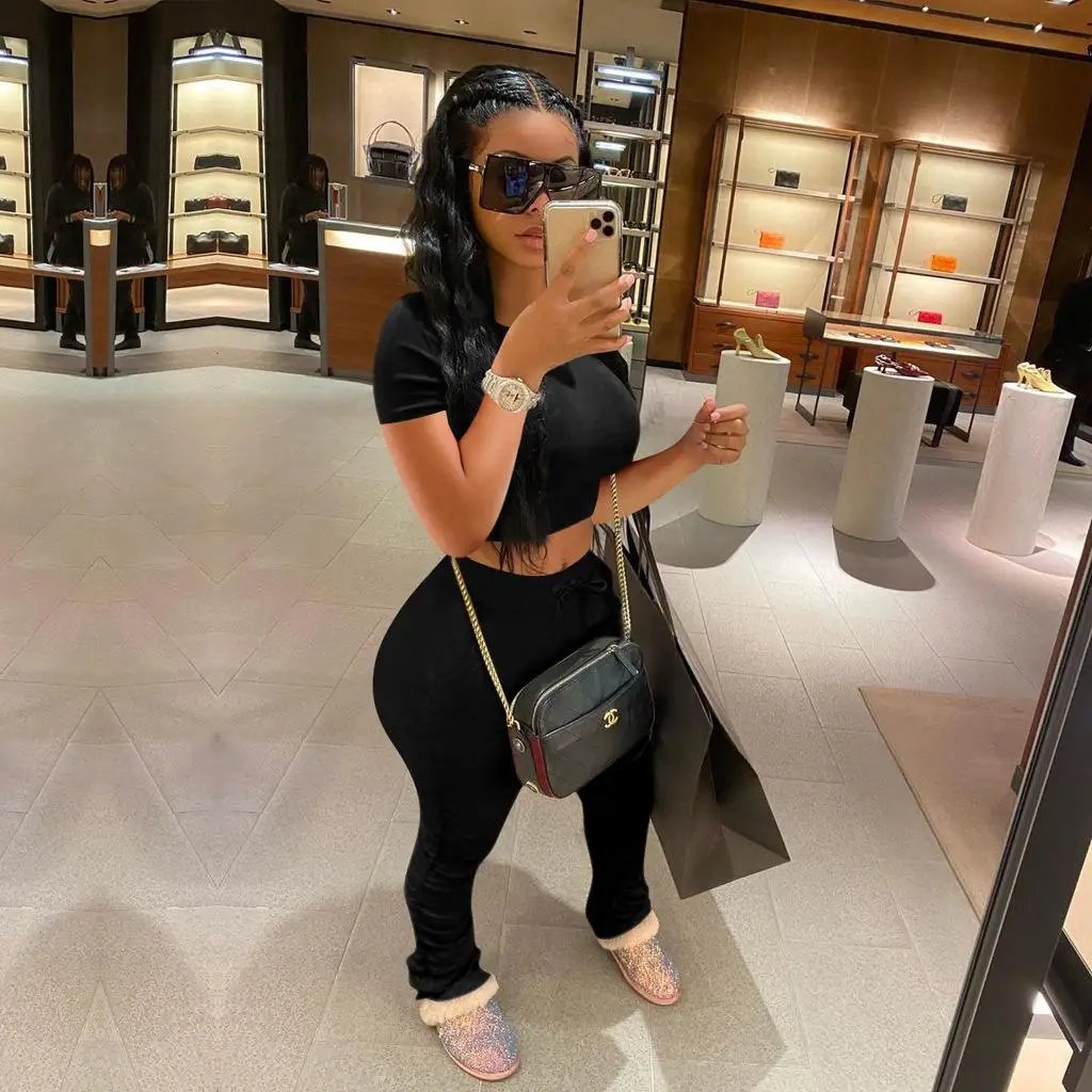 

Cotton Lounge wear Solid Two Piece Set Summer T Shirt Crop Top with Ruched Stacked Leggings Bodycon Sport Tracksuit Women Outfit