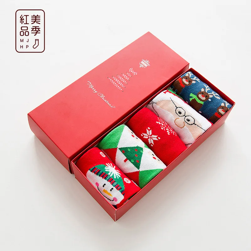 1 Box 5 Pairs Sock Winter Christmas Socks Gift Box Santa Cotton Thickened Warm Holiday Socks Wholesale