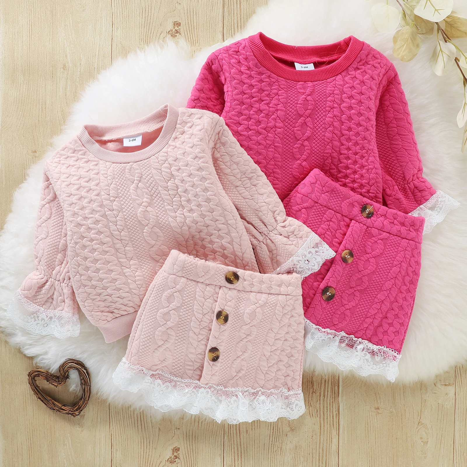 

0-3 Years Baby Girls 2 Pieces Autumn Outfits Clothes Lace Trim Round Neck Long Sleeve Sweater High Waist Skirt Set for Toddler