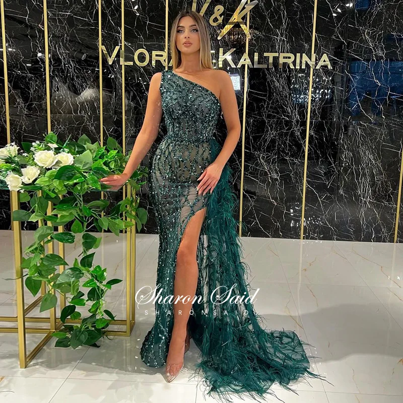 

Luxury Feather One Shoulder Emerald Green Mermaid Prom Dresses with Slit Long Evening Dress for Women Wedding Party Gowns SS354