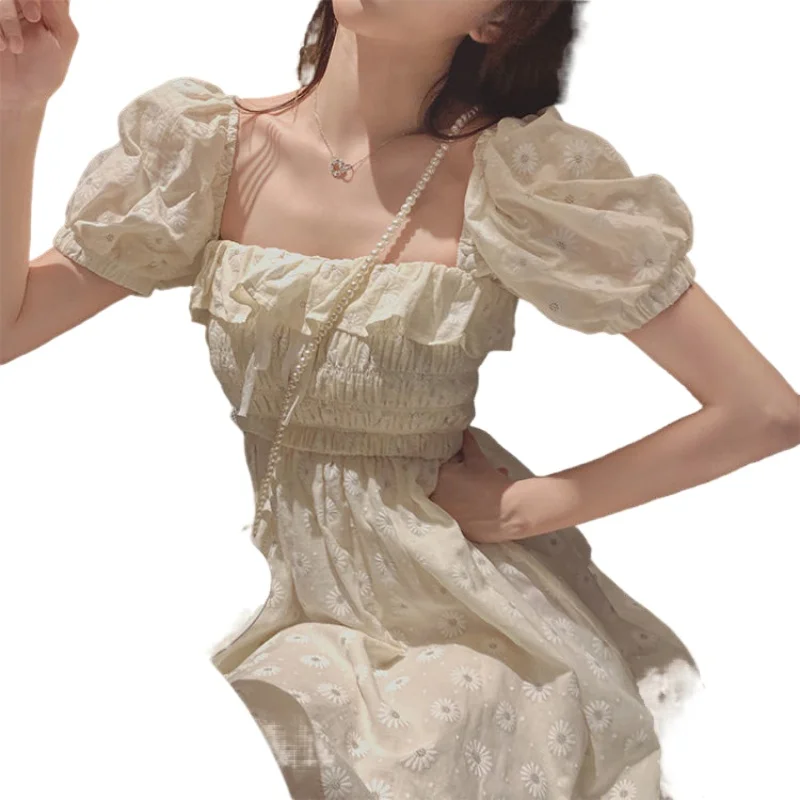 

EA Korean 2021 Summer Beige Dress Women White Puff Sleeve Daisy Floral Kawaii Elegant Vintage Vestidos Sweet Slim Fairy Dress