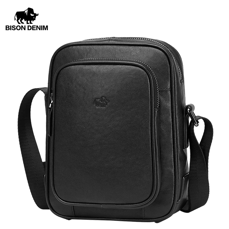 BISON DENIM натуральная кожа мужская сумка на плечо молнии через для мужчин маленький