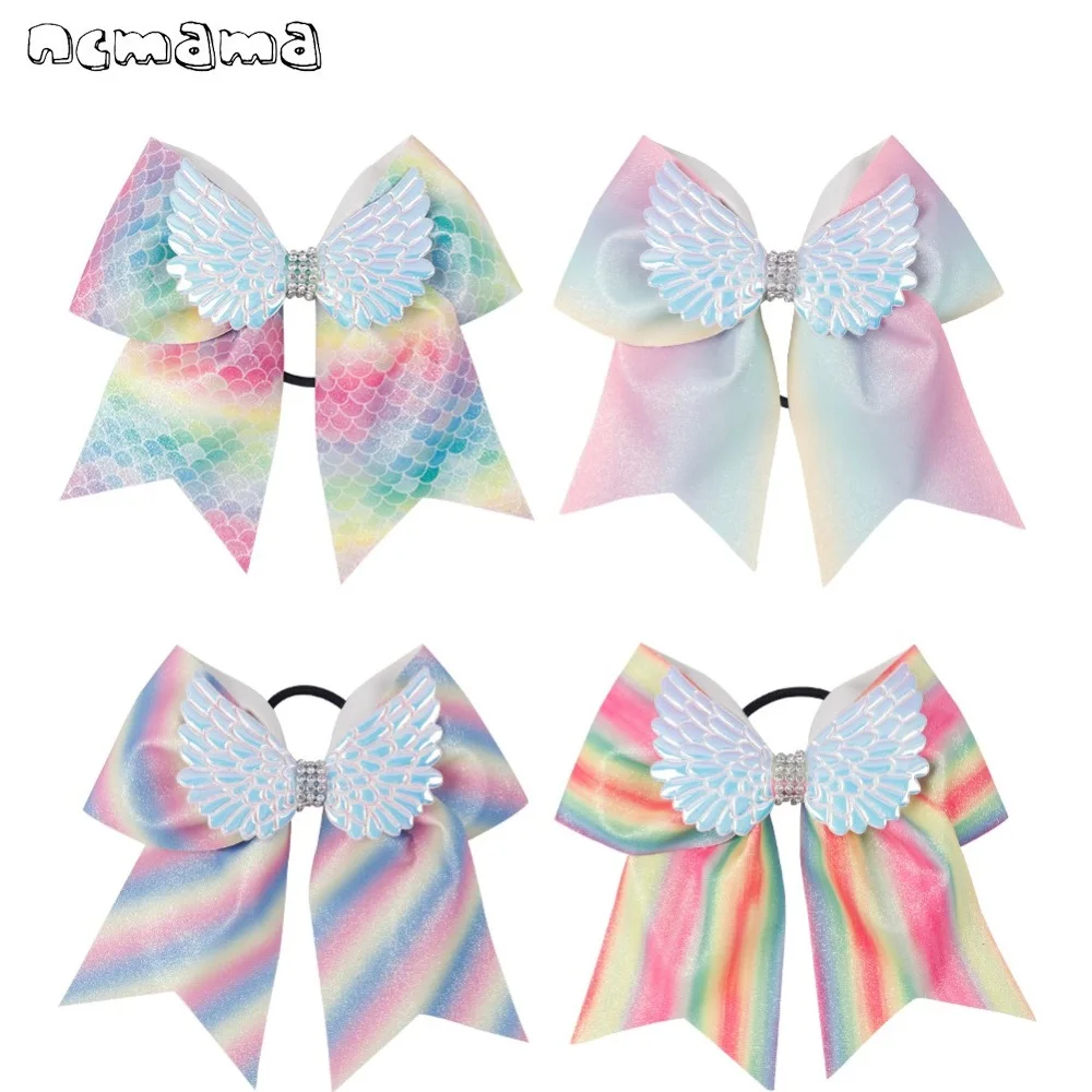 7 ''с блестками радужные крылья бант для волос Стразы узлом Cheer со стильным