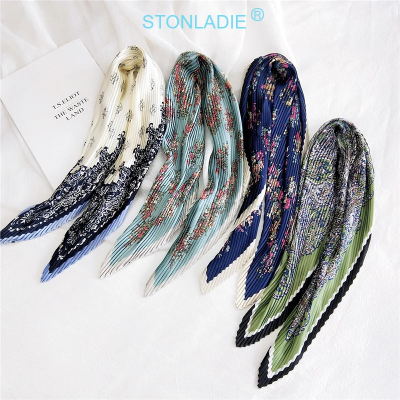 Spring New Designer Pleated Satin Silk Scarf For Women Euro Elegant Neckerchief Fashionable Printing Kerchief Tie Ladies |