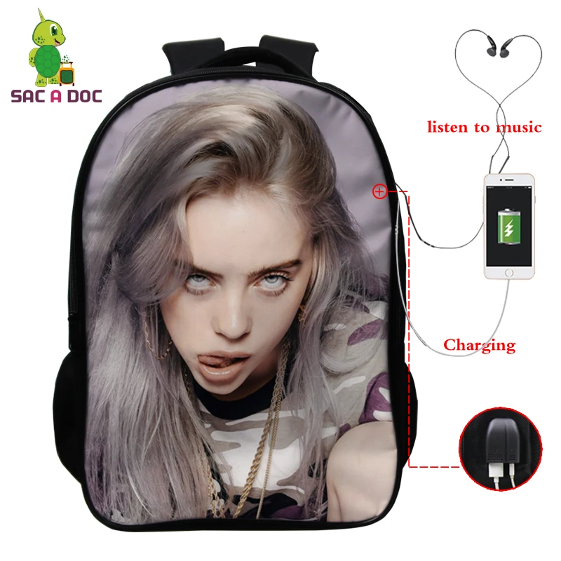 Фиолетовый Billie Eilish рюкзак, школьные сумки, 16 дюймов, Детские рюкзаки, детский рюкзак для девочек, рюкзак для путешествий, рюкзак с USB зарядкой - Цвет: Фиолетовый
