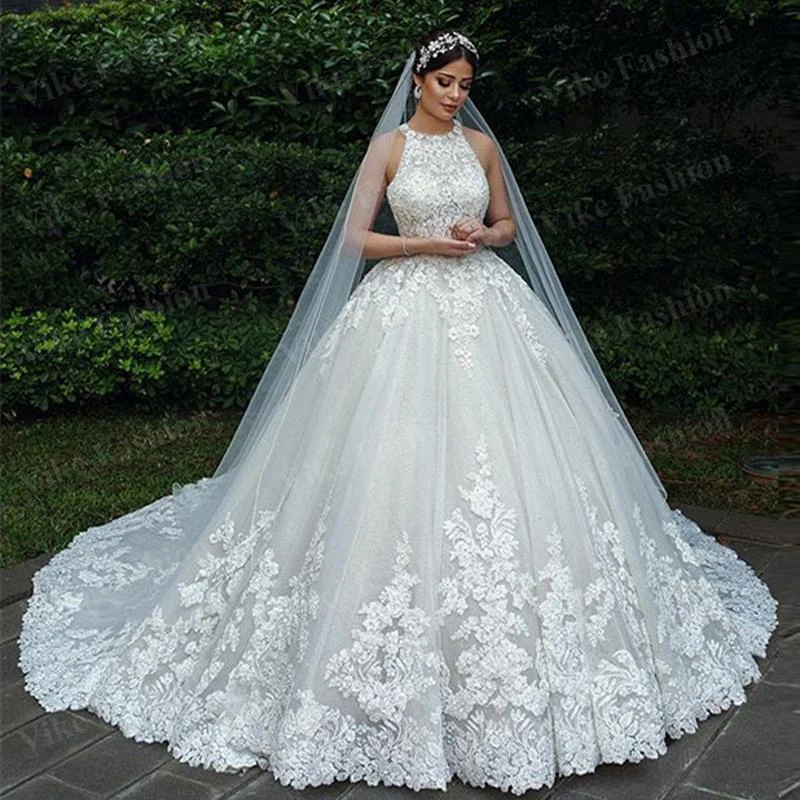 

Muslim Halter Wedding Dresses Luxury Applique Lace A-line Bridal Dress Formal Gown Court Train Plus Size Vestidos de Noiva 2023