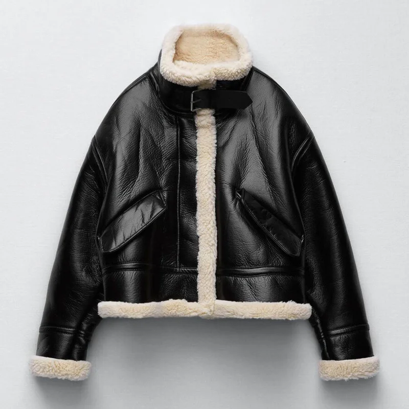 

Женская зимняя флисовая куртка из искусственной овчины, верхняя одежда в стиле ретро, женские замшевые меховые мотоциклетные куртки, пальт...