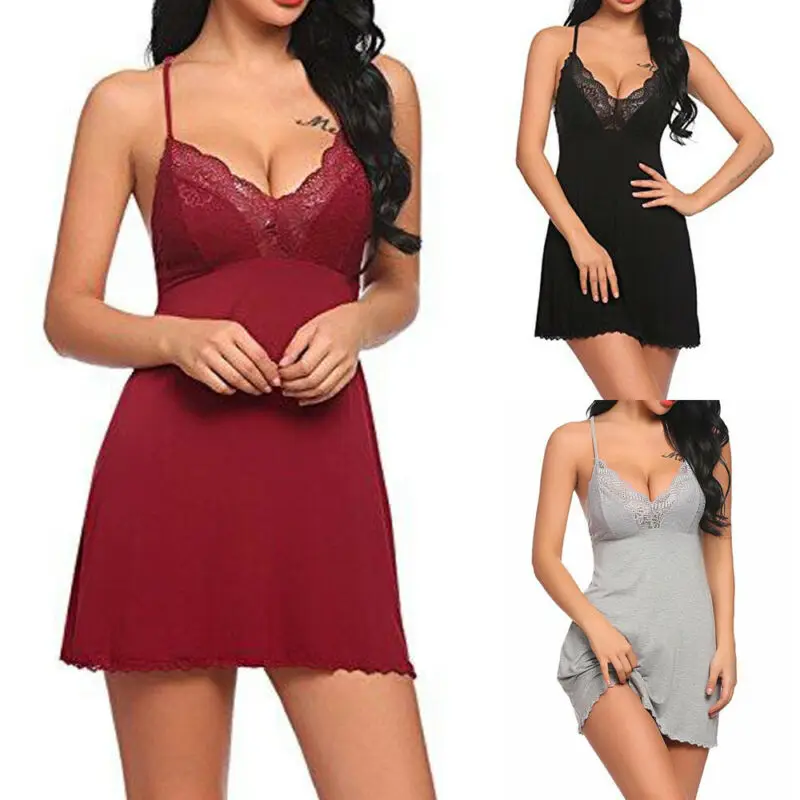 Женская Сексуальная кружевная ночная рубашка Однотонная без рукавов с v образным