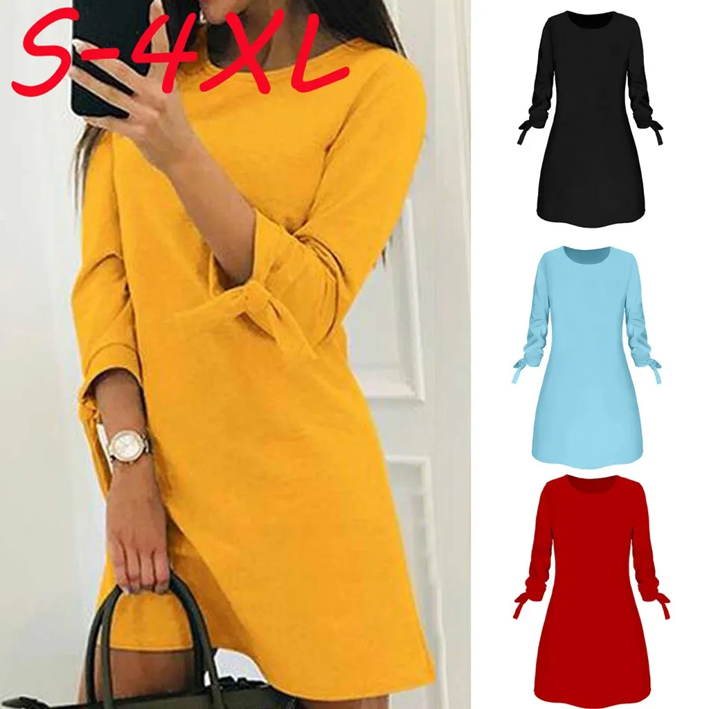 

Spring New Fashion Solid Color Dress Casual O-Neck Loose Dresses 3/4 Sleeve Bow Elegant Beach Female Vestidos Plus Size #L35