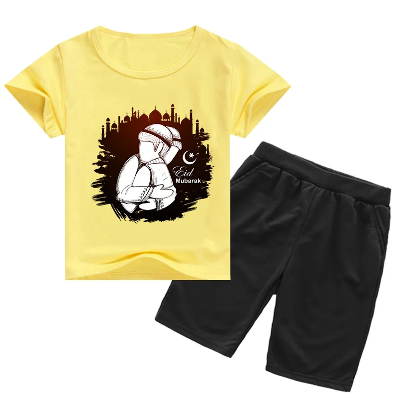 

2021 Lesser Eid Mubarak Clothes Summer Bairan Ramadan T-shirts Shorts 2pcs Sets Teenagers Boys Sportswear Toddler Girls Outfits