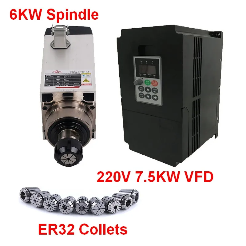 6KW 8HP 220V квадратный шпиндель двигатель с воздушным охлаждением 4 шт. подшипники+ 7.5kw VFD инвертор+ ER32 цанговый Комплект для ЧПУ гравировальный станок маршрутизатор