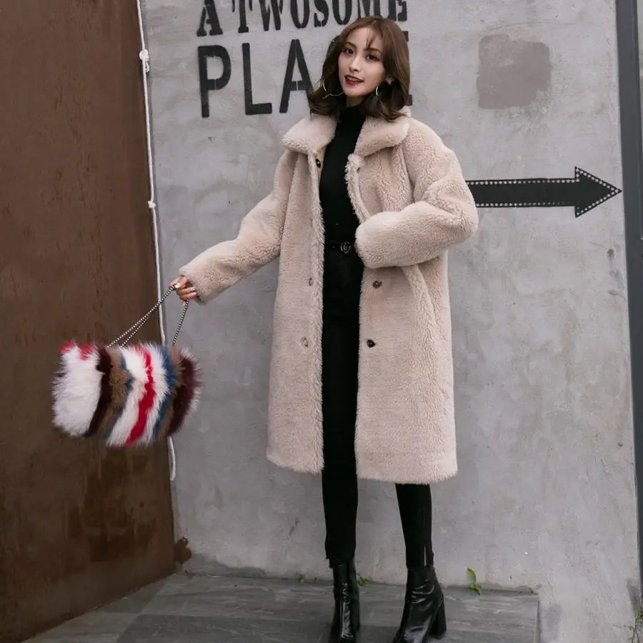 

Women 2020 Winter Fashion Real Sheep Shearing Mid-Long Overcoats Female Genuine Lamb Fur Jackets Ladies Wam Loose Outwears D215
