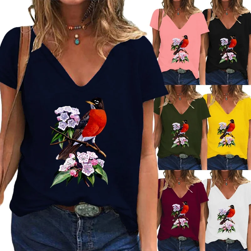 

Women's Summer New Style Solid Color Short-sleeved Fashion Printed T-shirt Fashion Deep V-neck Shirt Casual Loose Top