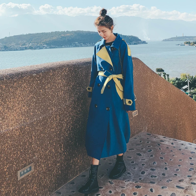 

Тренчкот женский двубортный, длинная куртка-ветровка, верхняя одежда с поясом, весна-осень