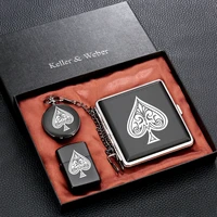 mens chic gift set black quartz pocket watch clock chain pendant poker design male lighter cigarette case gift box for boyfriend