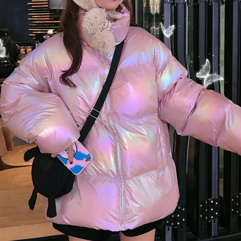 Блестящие неоновые куртки для женщин зима 2022 хлопок стоячий воротник длинный