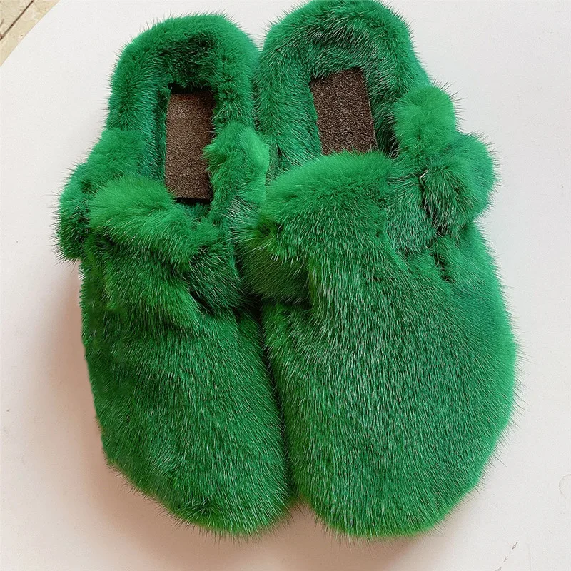 Тапки женские из меха норки роскошные модные плюшевые мягкие и удобные домашние