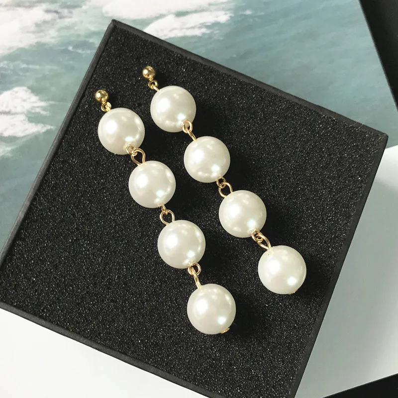 

2021 New Trend Simulated Pearl Women's Long Earrings White Round Pearl Wedding Pendant Earrings Korean Fashion Jewelry Earrings