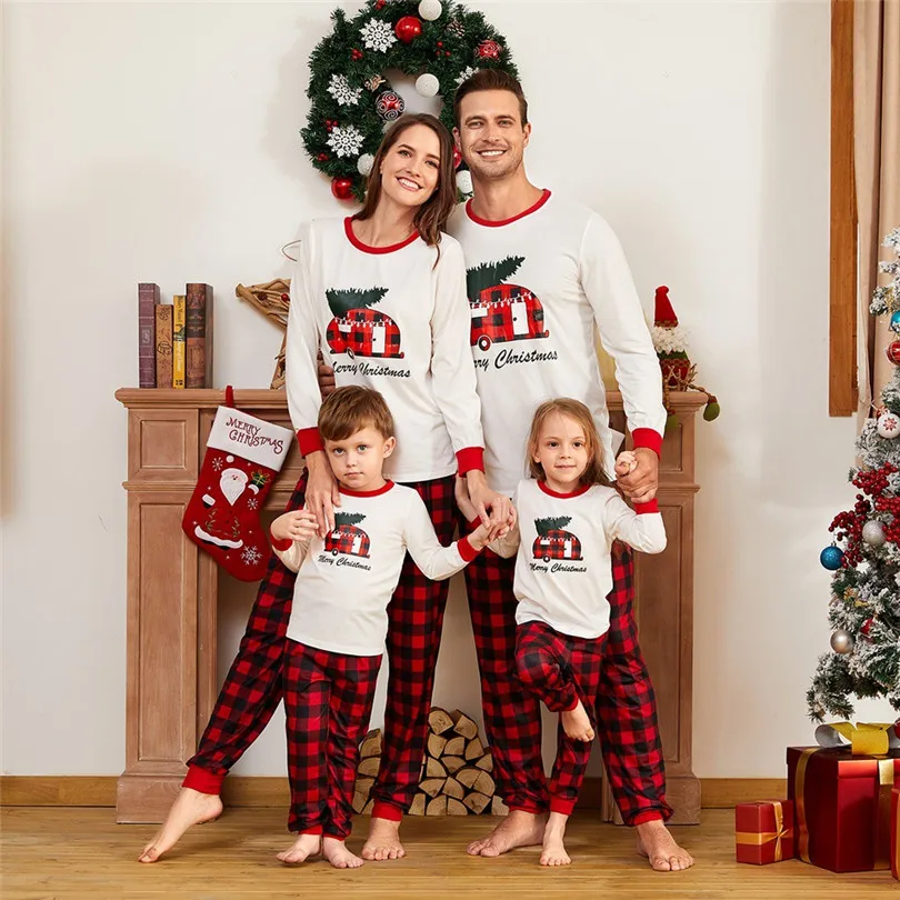 

Family Christmas Long-Sleeved Pajamasm Suit Round Collar White Top with Black Red Check Long Pants Parent-child Outfit 2020 Xmas