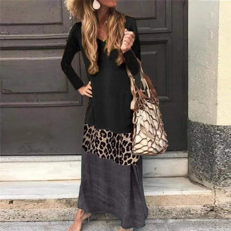 Женское платье макси с леопардовым принтом длинным рукавом v образным вырезом