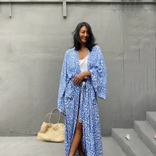 2021 New Beach Cover Ups Oversized Kimono Maxi Dress Leopard Printing Fashion Blue Beach Bathing Suit Coverup Overall Swimwears