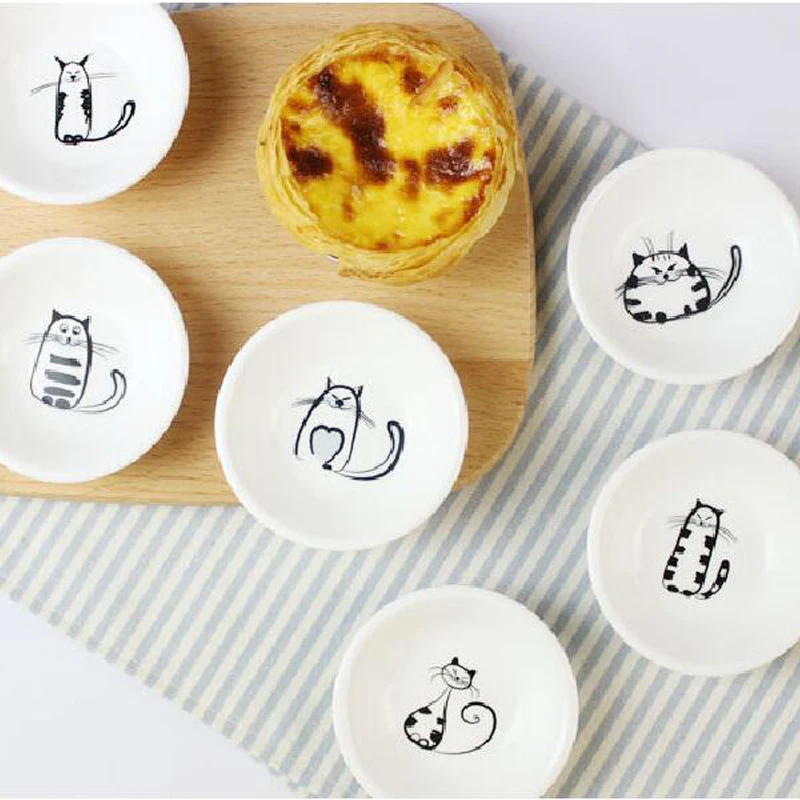 

6Pcs/Set Sauce Dish Cute Cat Mini Round Shaped Pigments Ceramics Soy Sauce Vinegar Dish Kitchen Small Plate Set Tableware Gifts