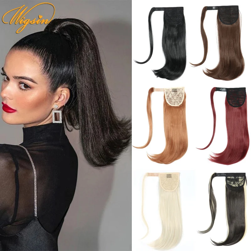 

WGISIN Synthetic 16Inch Short Straight Ponytail Wrap Around Clip in Hair Extension Natural Black Blond Hairpiece for Women