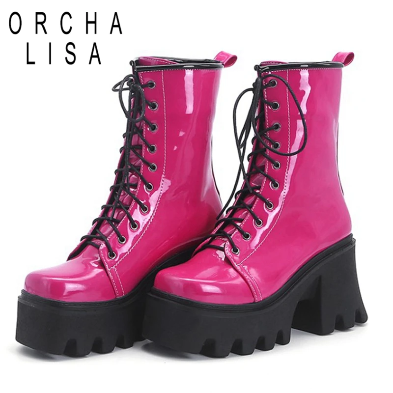 

ORCHALISA Shoes women High heels Ankle boots Platform Round toe Patent leather Lace up Solid Black Rose Spring Autumn Winter Hot