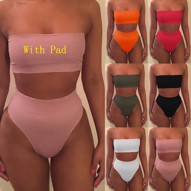 

High Waist Swimsuit 2019 Sexy Bikini Women Brazilian Pad Swimwear Push Up Bandeau Top Plus Size Bottom Bikini Set Bathing Suits