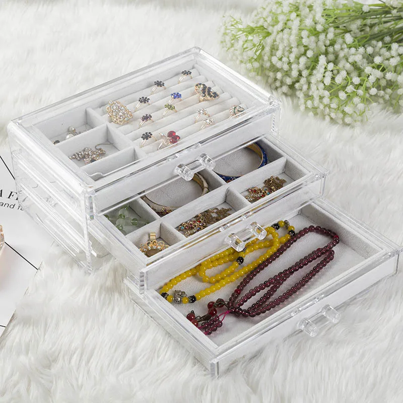 

Newly Jewelry Storage Case 3 Drawers Transparent Organizer Earring Rings Necklaces Bracelets Display Case