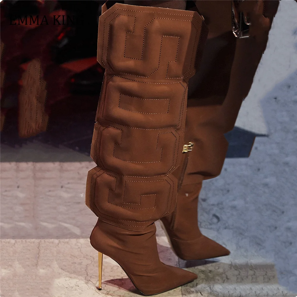 

2021 Autumn Women Thigh High Boots Stretch Lycra Ladies Botas Mujer Unique Cube Letter Runway Shoes Iron Heels Botas Altas Mujer