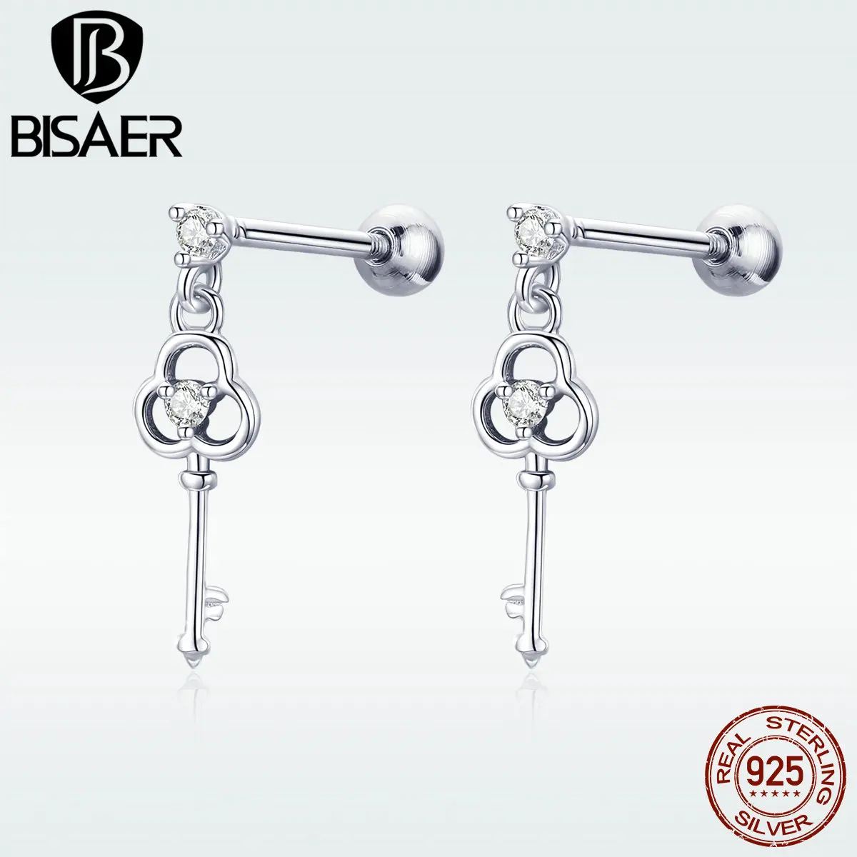 BISAER, новинка, модные ювелирные изделия, Настоящее серебро, 925,, ключ сердца, CZ, серьги-капли, свадебные для женщин, подарок, HSE539