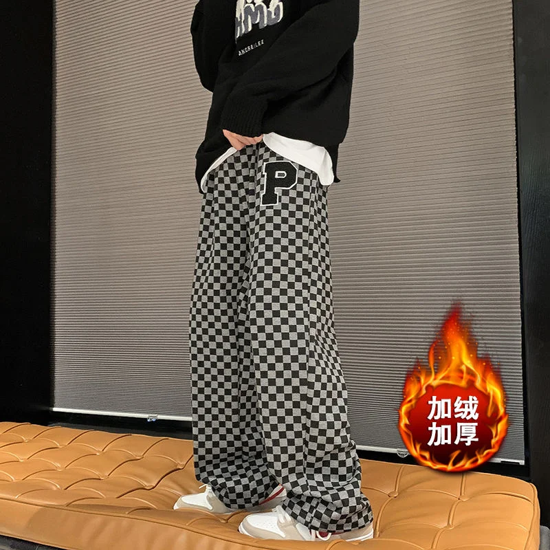 

Wide-leg Straight Pants Thicken Sports Casual Sweatpants Trend Checkerboard Plaid Printed Streetwear Loose Trousers Oversize