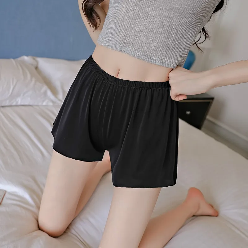 

Ladies Summer Silky Sexy Cute Shorts Female Home Wear Black Solid Elastic Waist Thin Loose Plus Size Ladies Hot Pajama Shorts