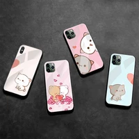 cute peach mochi cartoon cat phone case tempered glass for iphone 13 12 mini 11 pro xr xs max 8 x 7 plus se 2020 cover