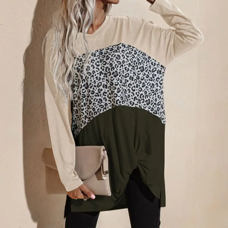 

New Women's V-neck Asymmertrical Tees Side Toggle Leopard Pattern Stitching Color Long-sleeved Casual Top