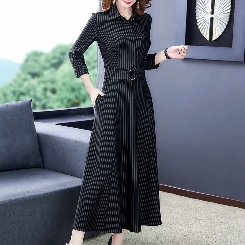 Женское платье-рубашка с длинным рукавом в полоску | Женская одежда