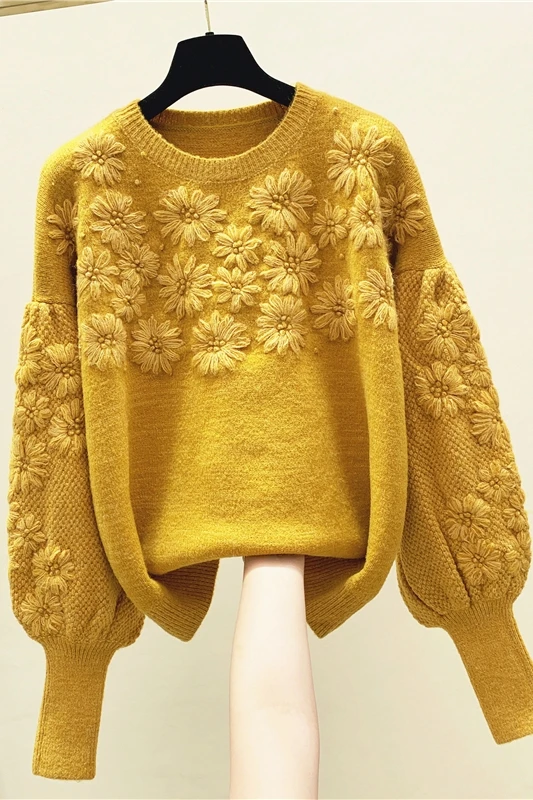 

Cashmere Sweaters Women Loose Oversized Crochet Flower Embroidered Lantern Sleeve Pullover Sweaters 2020 Autumn Winter Warm