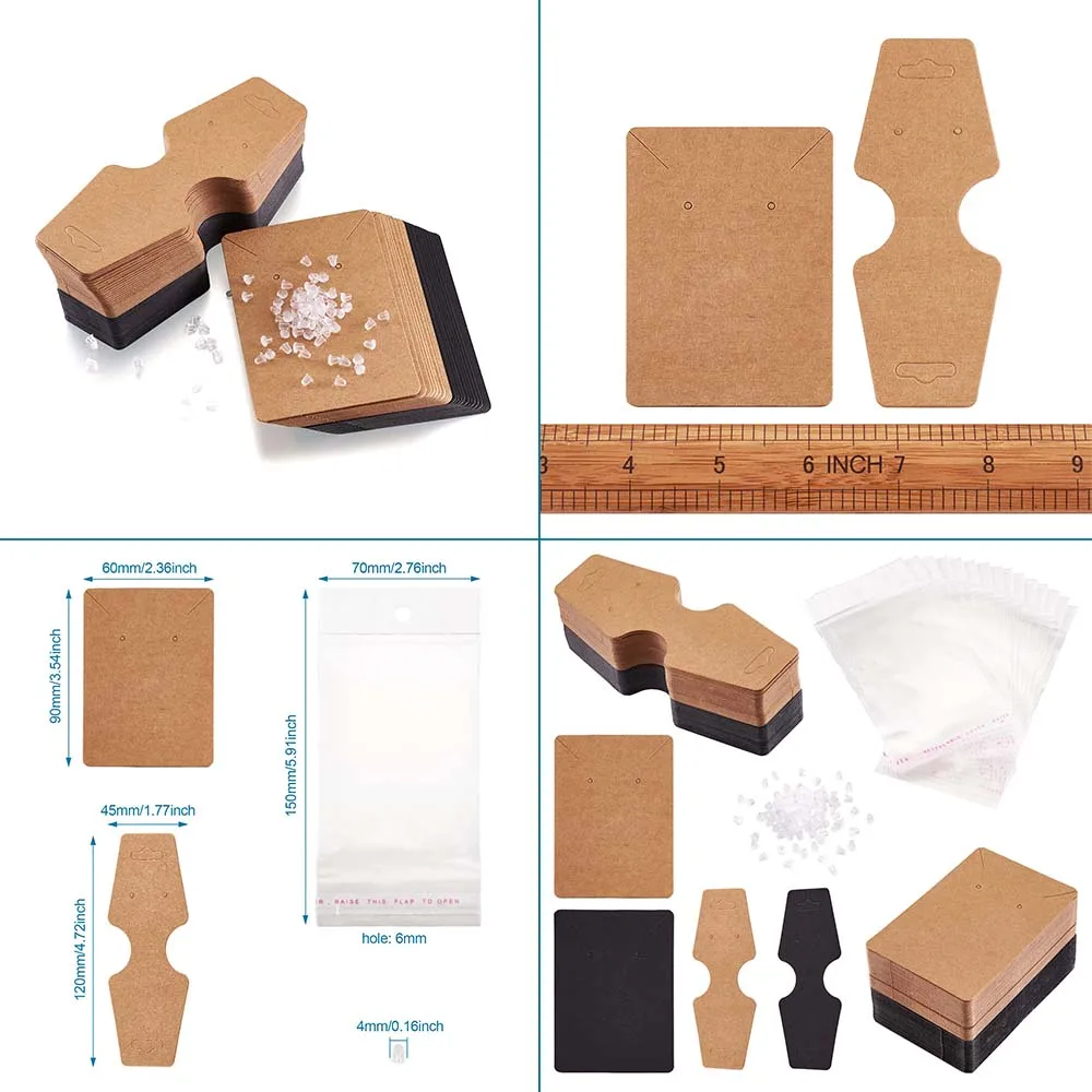 pandahall 500pcs/set Cardboard Display Cards Used For Necklace and Earring with Plastic Ear Nuts and Cellophane Bags Mixed Color